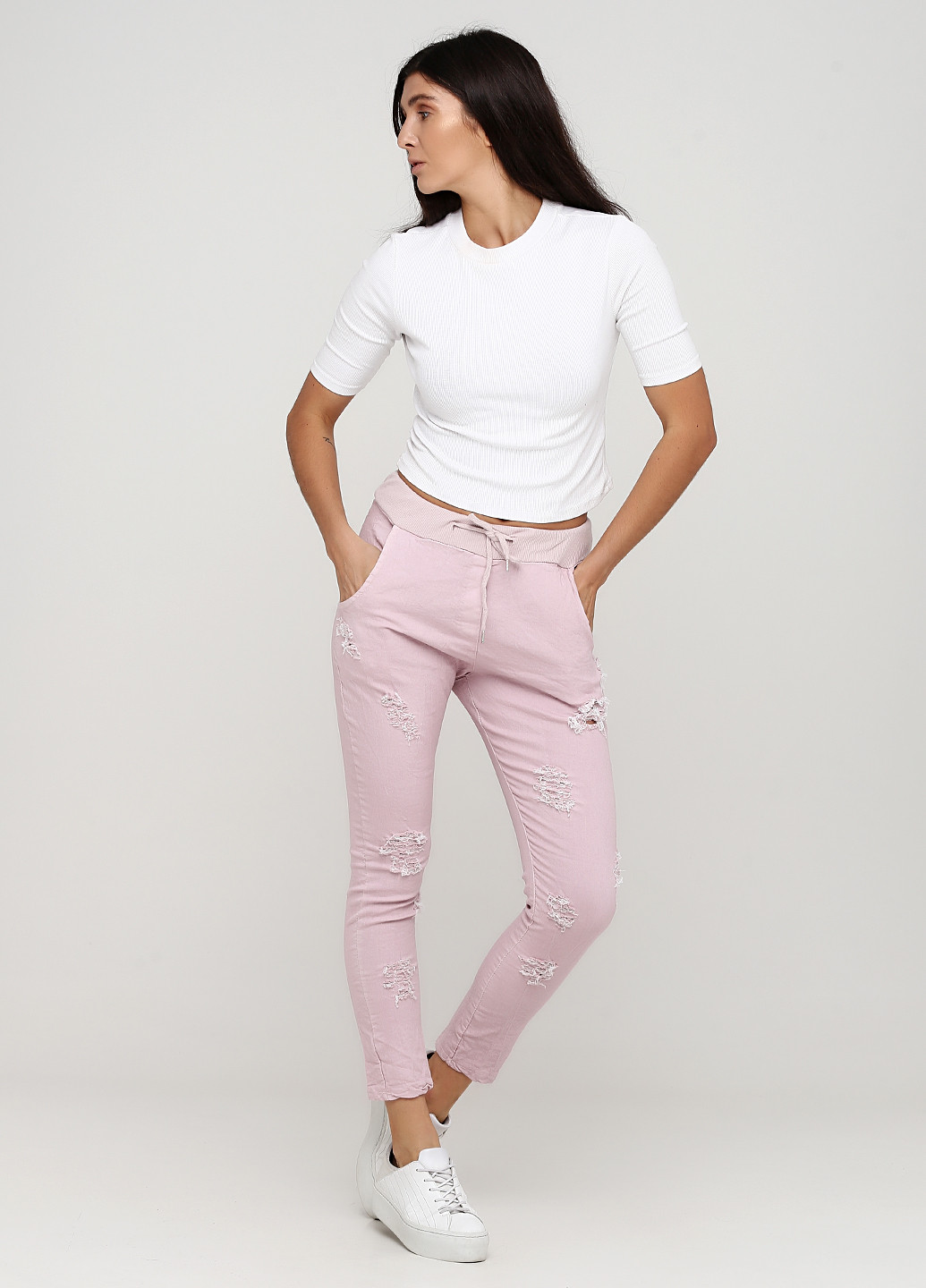 Розовые джинсовые летние зауженные брюки Moda Italia