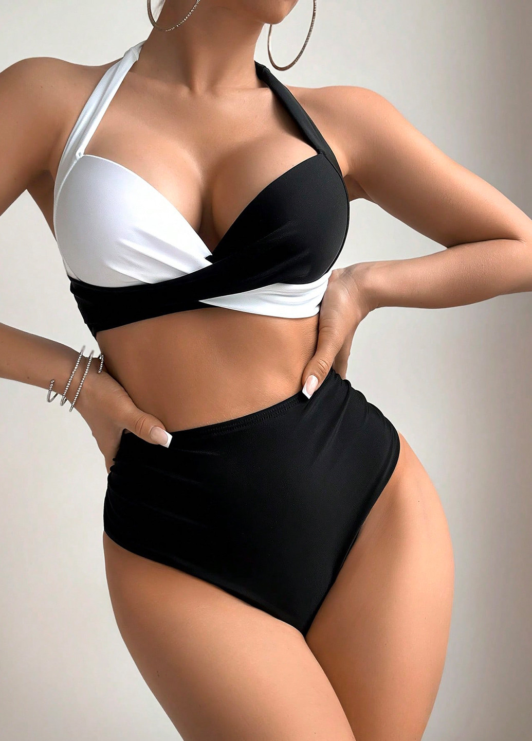 Чорно-білий літній купальник (ліф, трусики) балконет, роздільний SHEIN