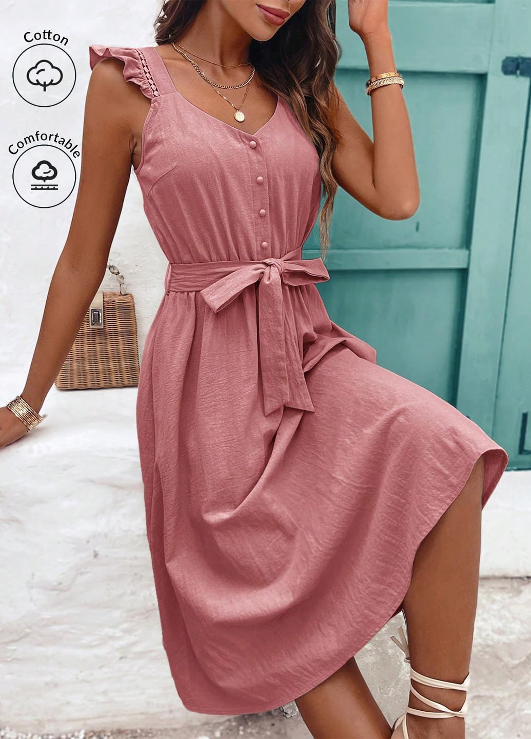 Светло-розовое кэжуал платье а-силуэт SHEIN однотонное