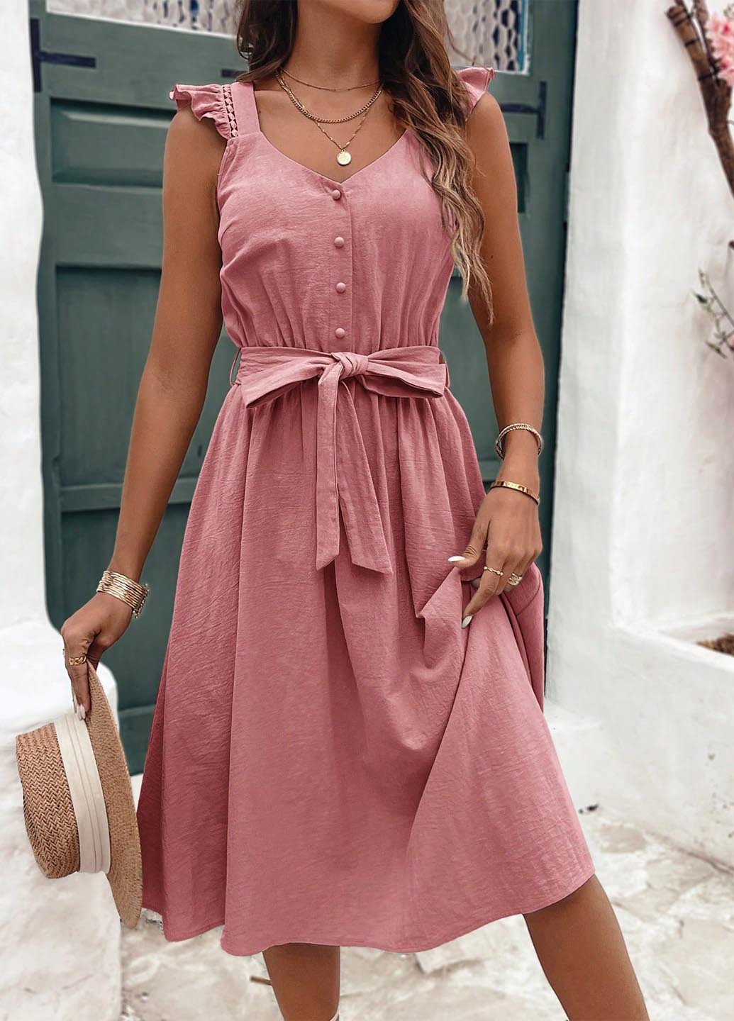 Светло-розовое кэжуал платье а-силуэт SHEIN однотонное