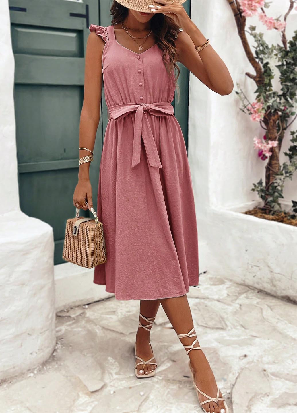 Светло-розовое кэжуал платье а-силуэт SHEIN однотонное