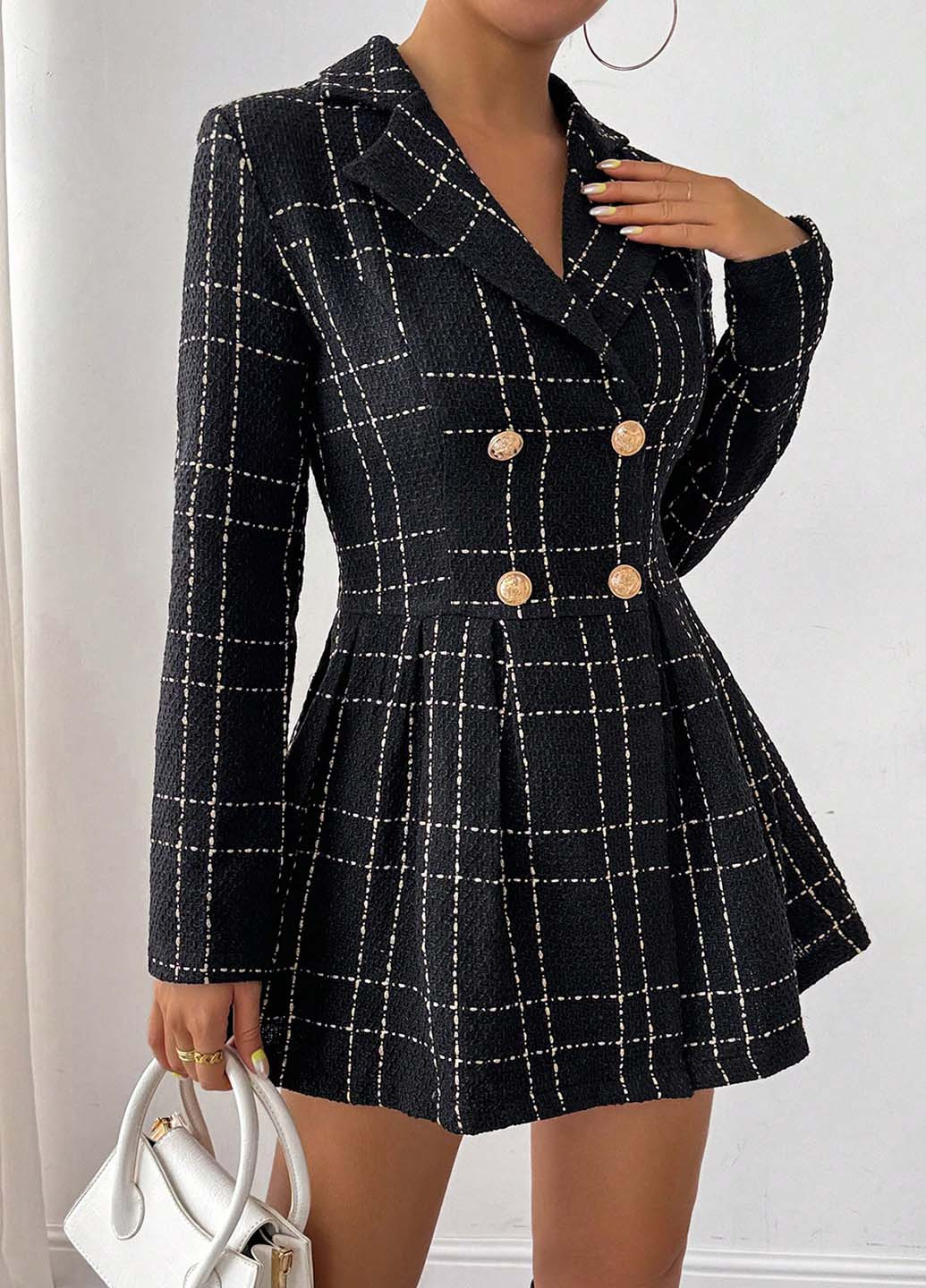 Чорна кежуал, ділова сукня кльош, сукня-жакет, на запах SHEIN в клітинку