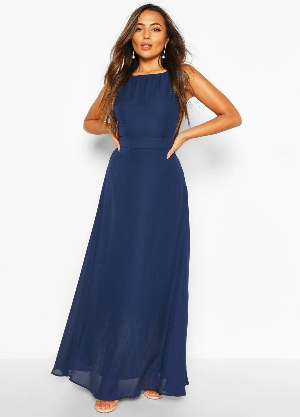 Темно-синее кэжуал платье клеш Boohoo однотонное