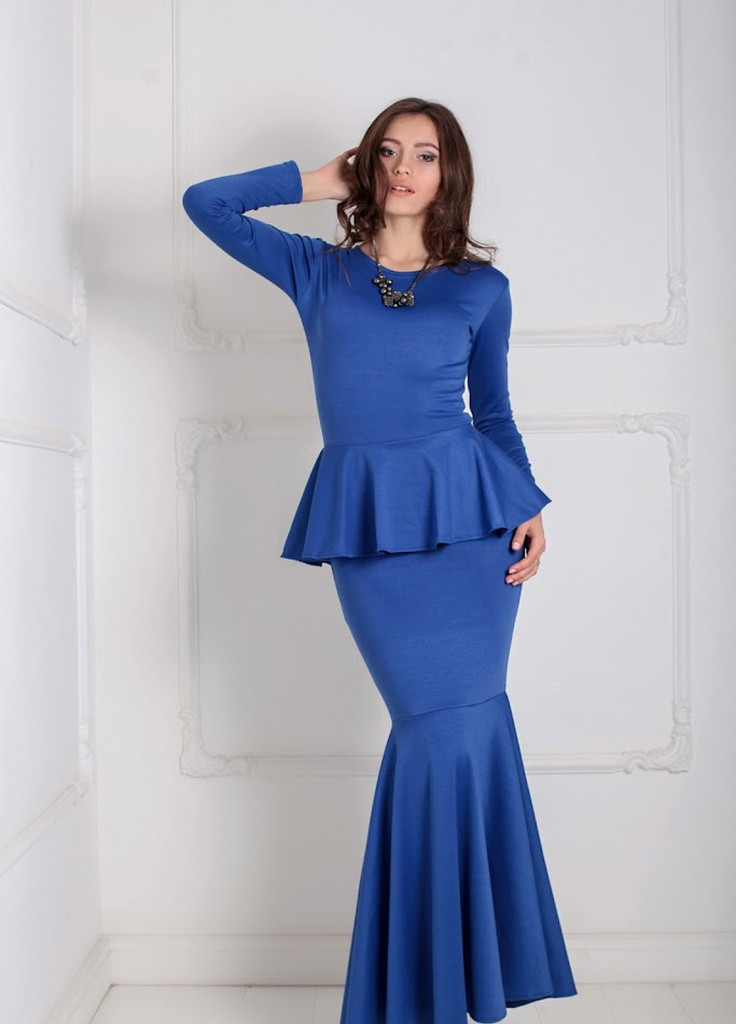 Синя кежуал елегантне вечірнє плаття-рибка з довгим рукавом і баскою на талії laura Podium однотонна