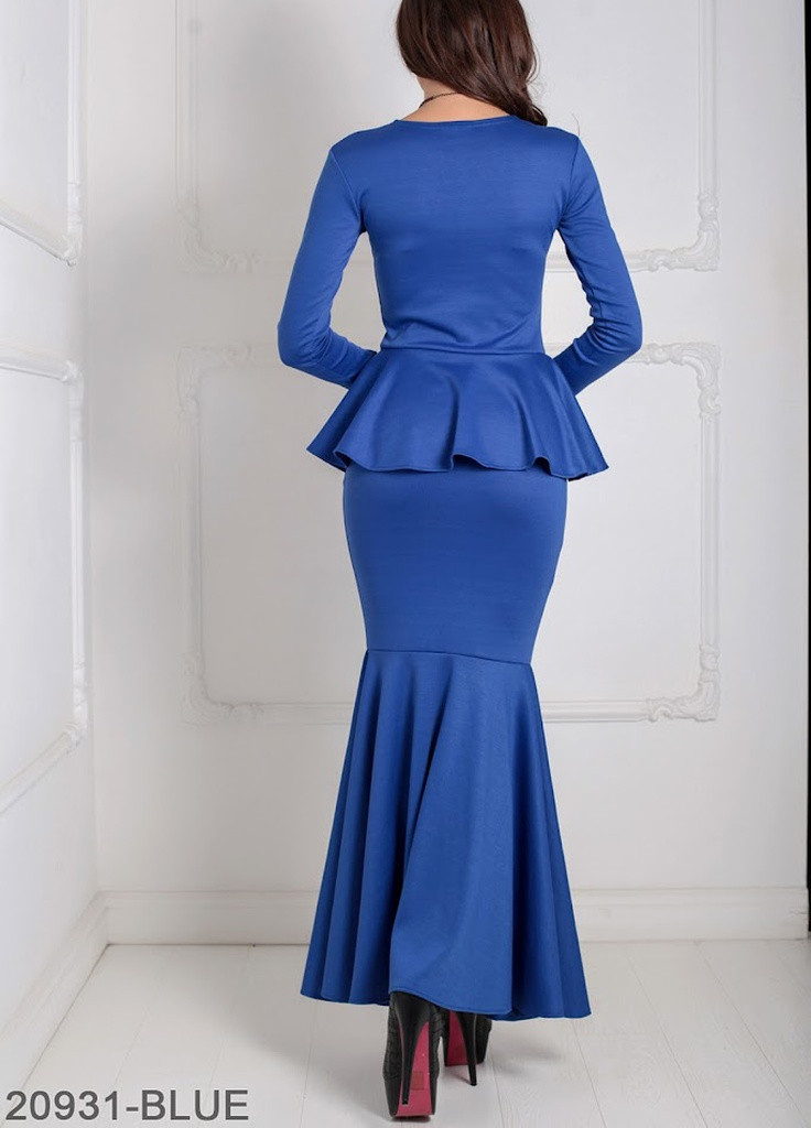 Синее кэжуал элегантное вечернее платье-рыбка с длинным рукавом и баской на талии laura Podium однотонное