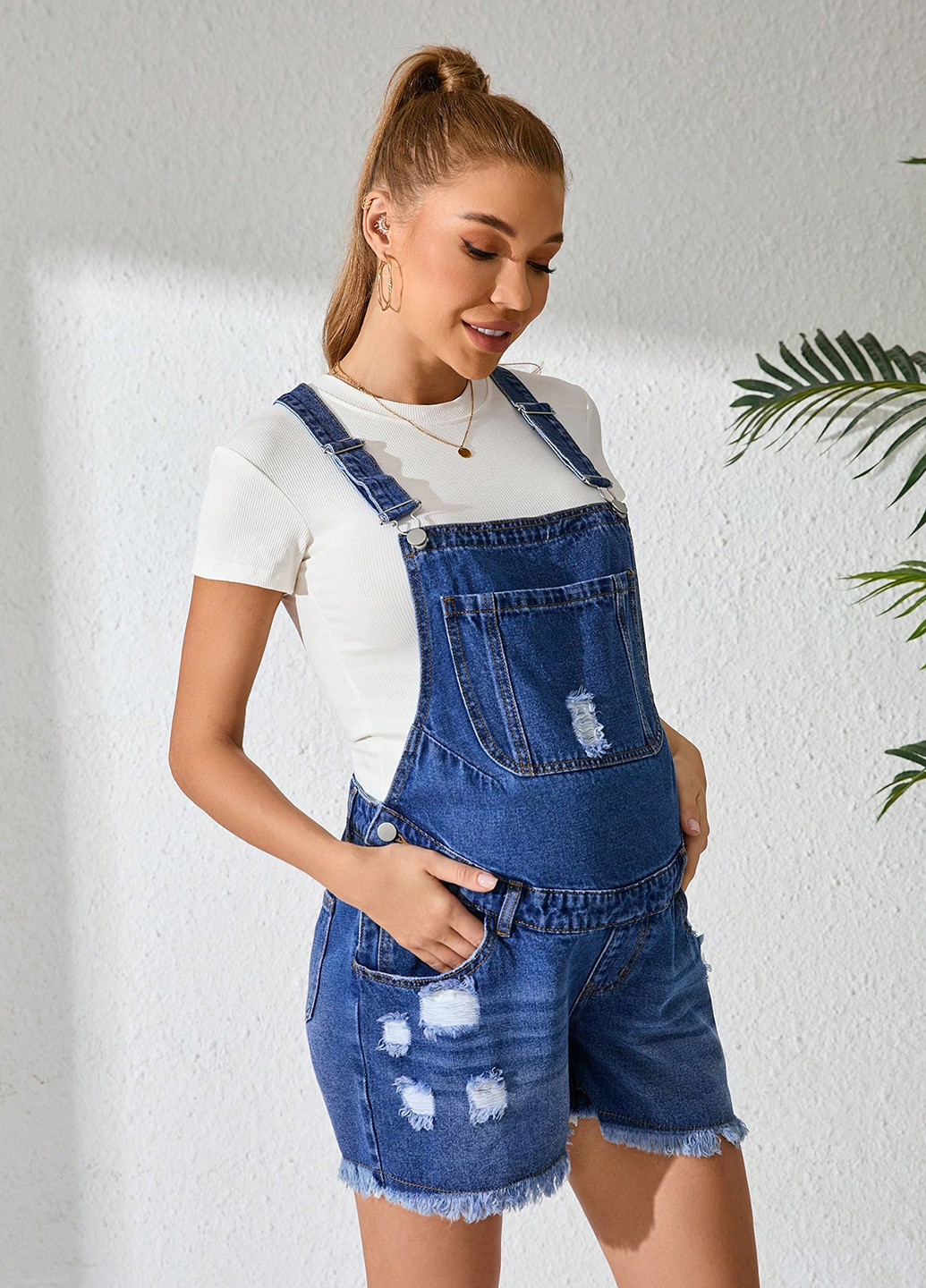 Комбинезон для беременных SHEIN комбинезон-шорты однотонный синий денил джинс, хлопок