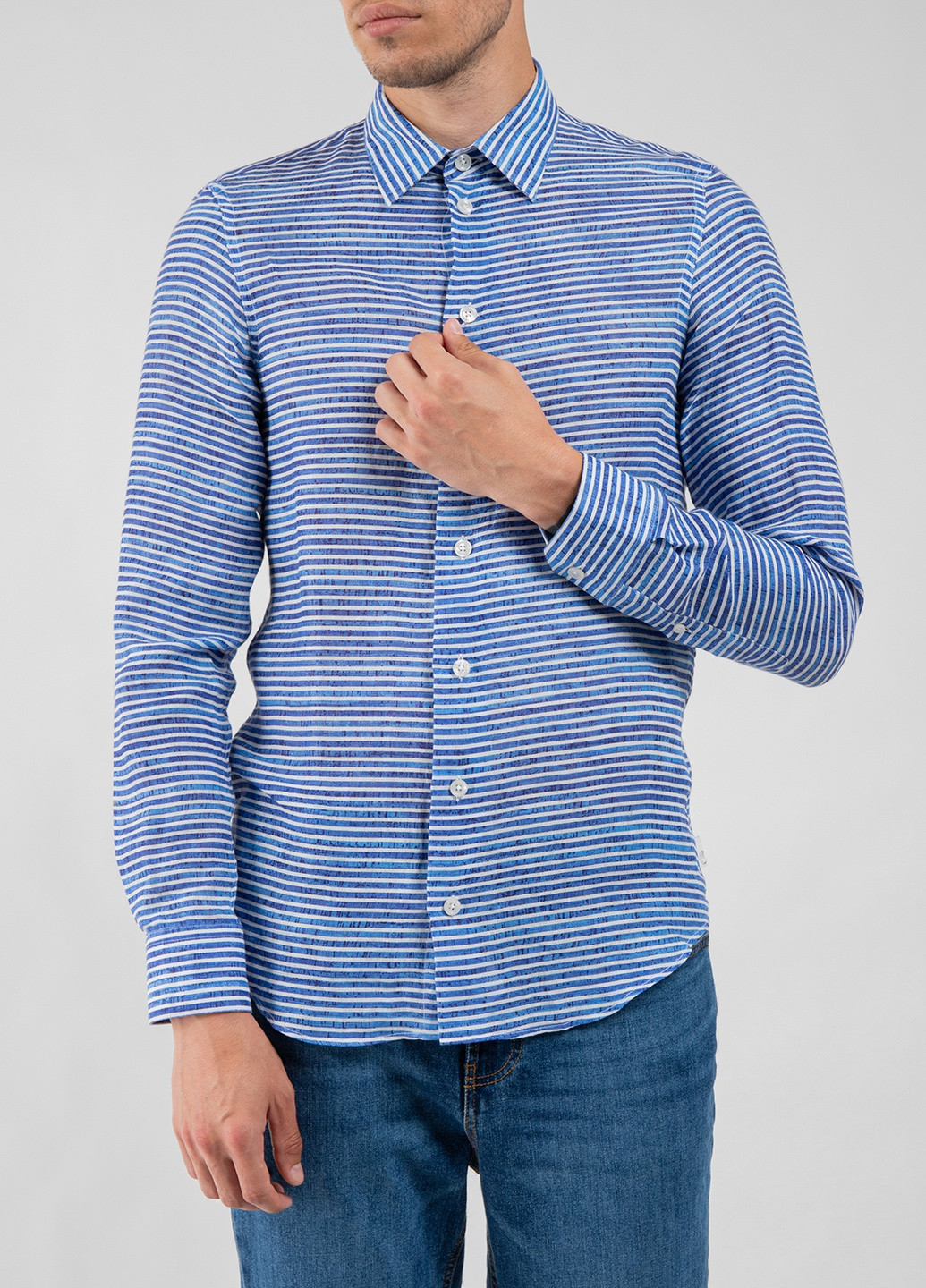 Блакитна бавовняна сорочка в смужку Emporio Armani (238026288)
