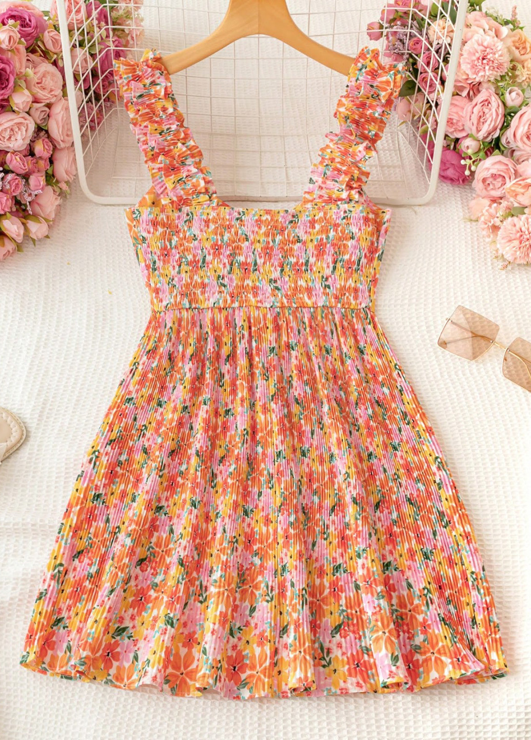 Світло-оранжева кежуал сукня кльош SHEIN з квітковим принтом