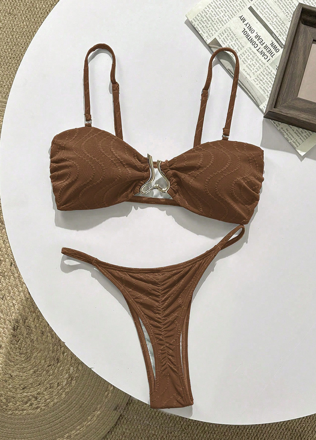 Коричневый демисезонный купальник (лиф, трусики) балконет, раздельный SHEIN