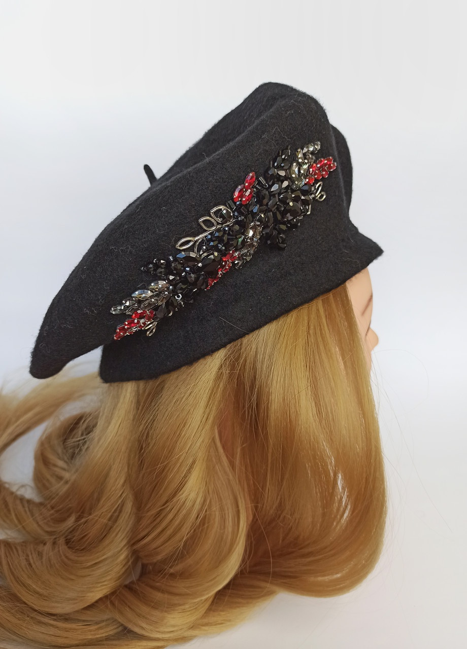 Берет из 100% шерсти, вышивка ручной работы, берет осень-зима черного цвета Ksenija Vitali (255614466)