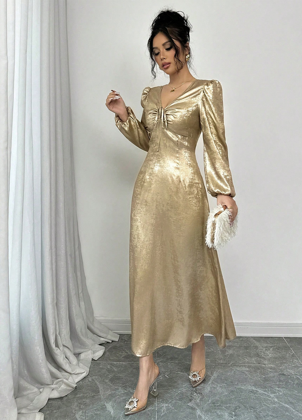 Золотий вечірня сукня в стилі армпір SHEIN однотонна