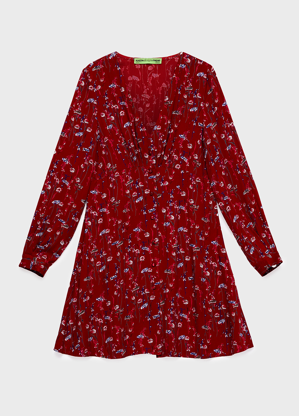 Темно-красное кэжуал платье короткое с v-вырезом и застежкой вниз клеш KASTA design с цветочным принтом