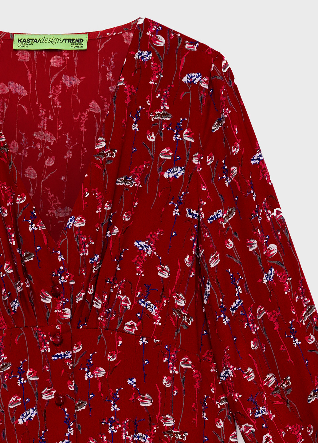 Темно-красное кэжуал платье короткое с v-вырезом и застежкой вниз клеш KASTA design с цветочным принтом