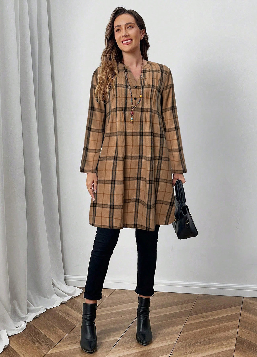 Светло-коричневое кэжуал платье а-силуэт, рубашка SHEIN в клетку