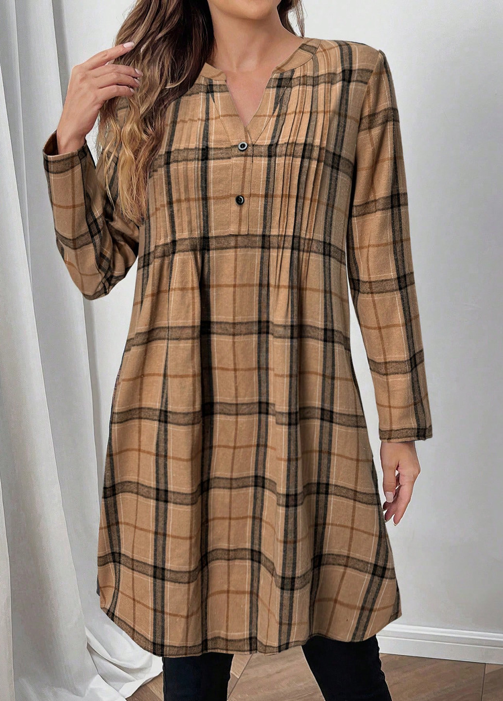 Светло-коричневое кэжуал платье а-силуэт, рубашка SHEIN в клетку