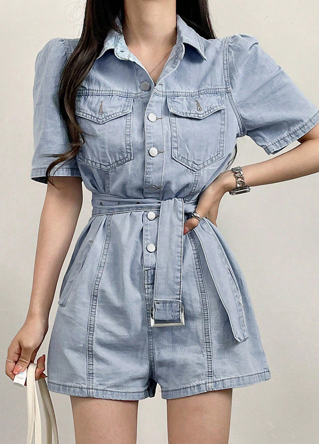 Комбінезон SHEIN комбінезон-шорти варенка світло-блакитний джинсовий, кежуал бавовна, джинс