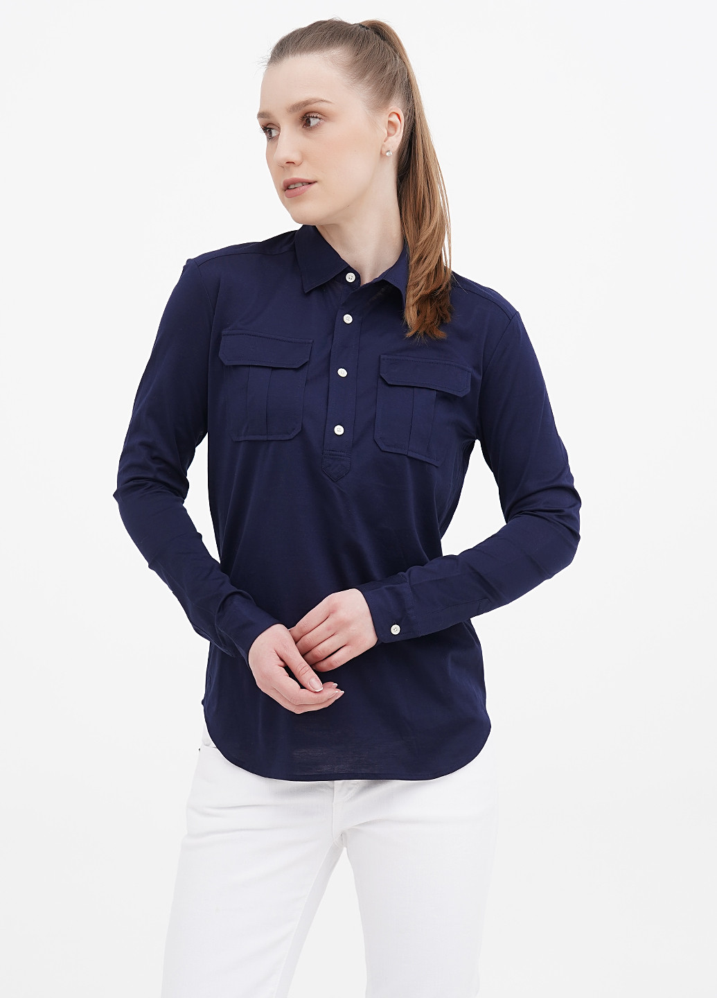 Темно-синяя женская футболка-поло Ralph Lauren однотонная