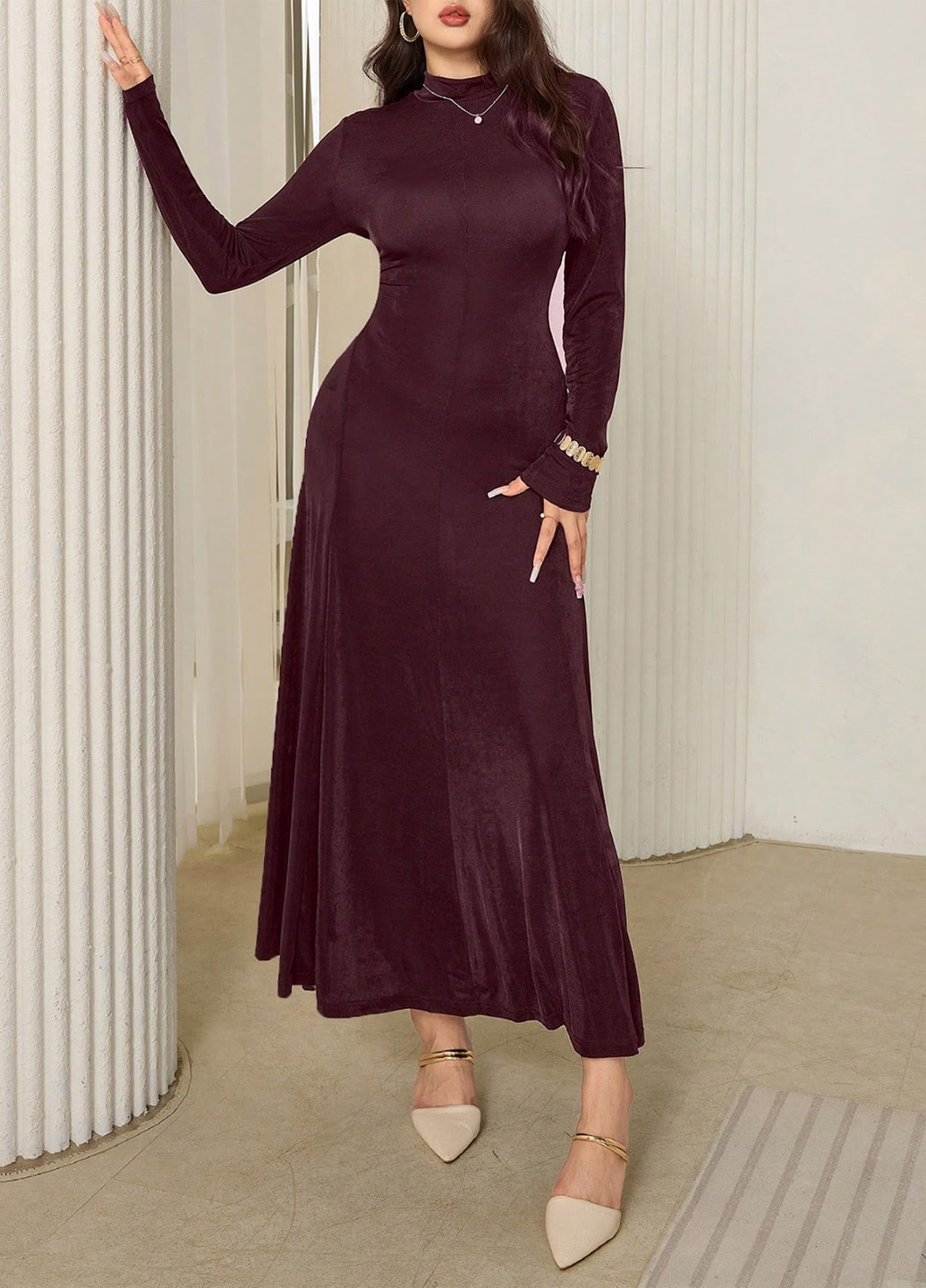 Сливова вечірня, кежуал сукня кльош, а-силует, сукня-водолазка SHEIN однотонна