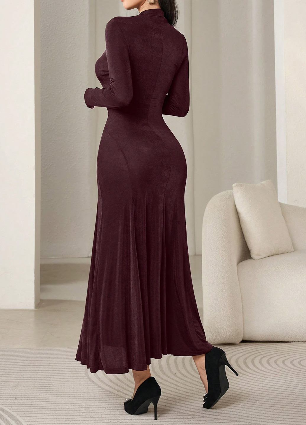 Сливова вечірня, кежуал сукня кльош, а-силует, сукня-водолазка SHEIN однотонна