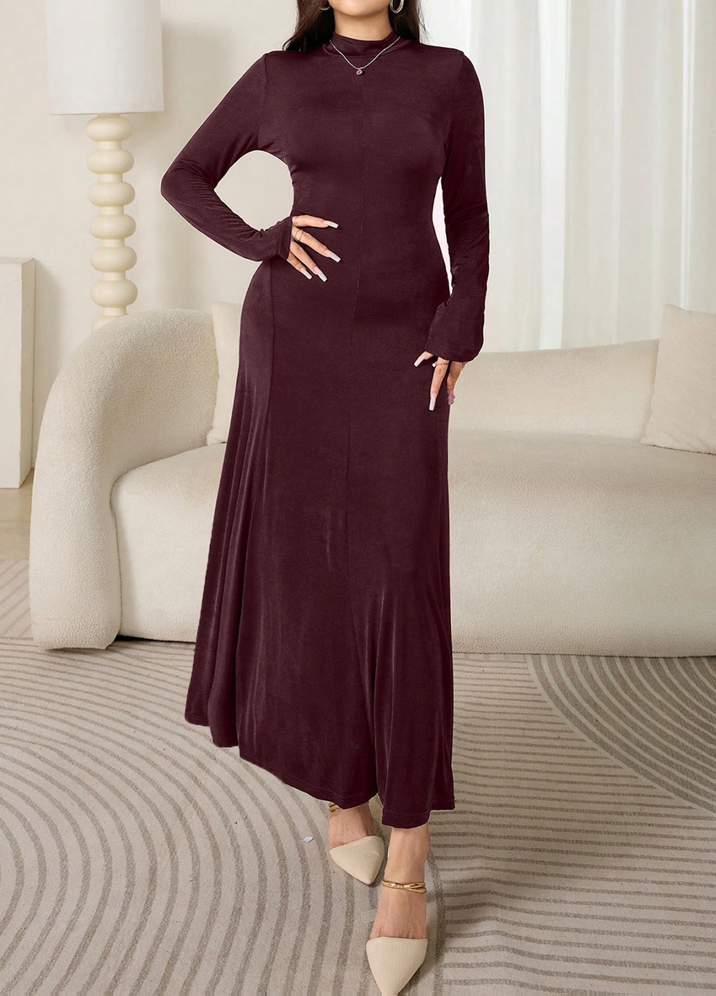 Сливова вечірня, кежуал сукня кльош, а-силует, сукня-водолазка SHEIN однотонна