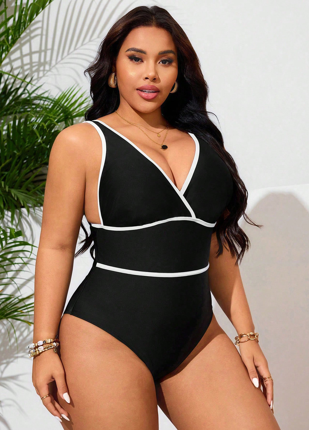 Чорно-білий літній купальник суцільний, майо SHEIN