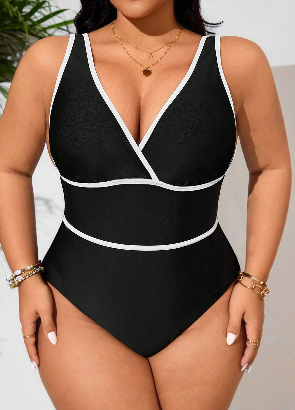 Чорно-білий літній купальник суцільний, майо SHEIN