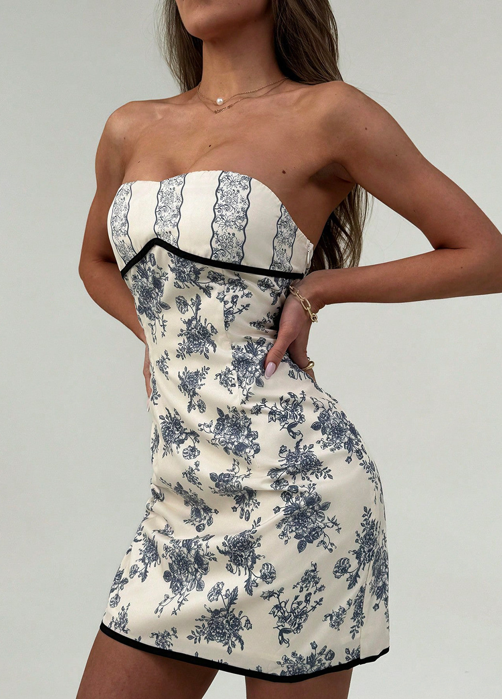 Комбинированное коктейльное, вечернее платье бандо SHEIN с цветочным принтом