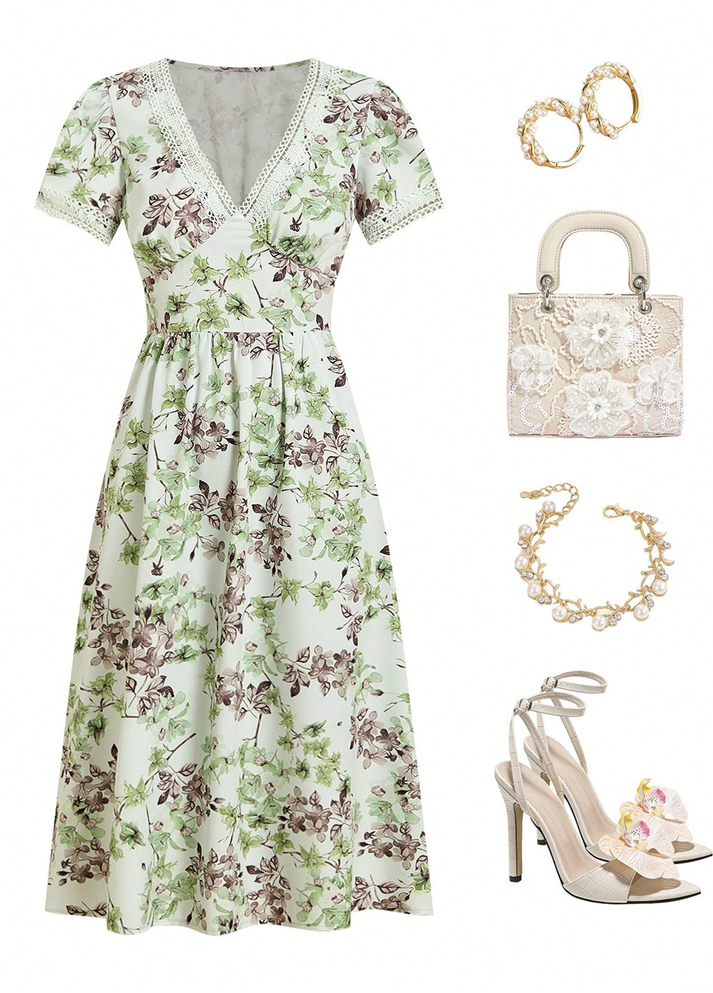 Светло-зеленое кэжуал платье а-силуэт SHEIN с цветочным принтом