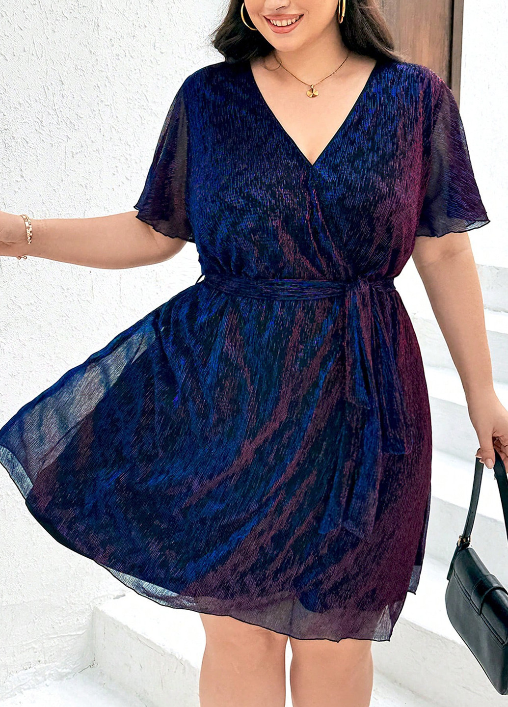 Темно-синее кэжуал платье на запах SHEIN однотонное