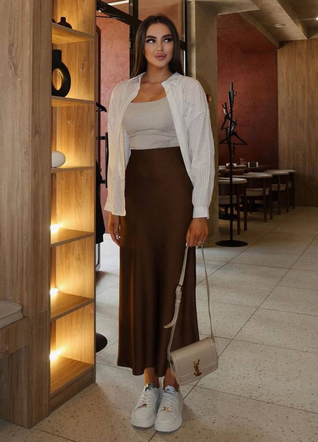 Коричневая кэжуал однотонная юбка No Brand а-силуэта (трапеция)