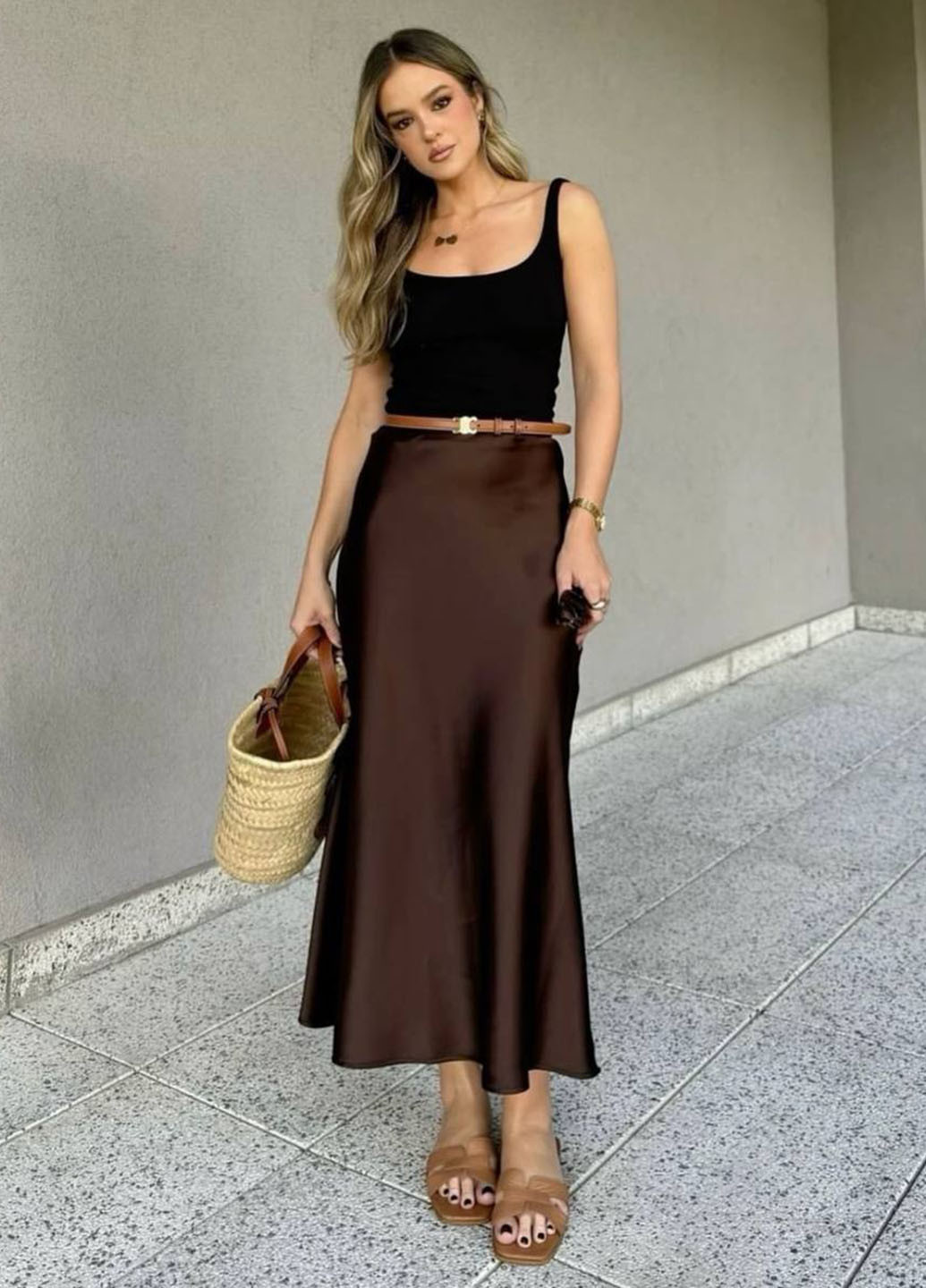 Коричневая кэжуал однотонная юбка No Brand а-силуэта (трапеция)