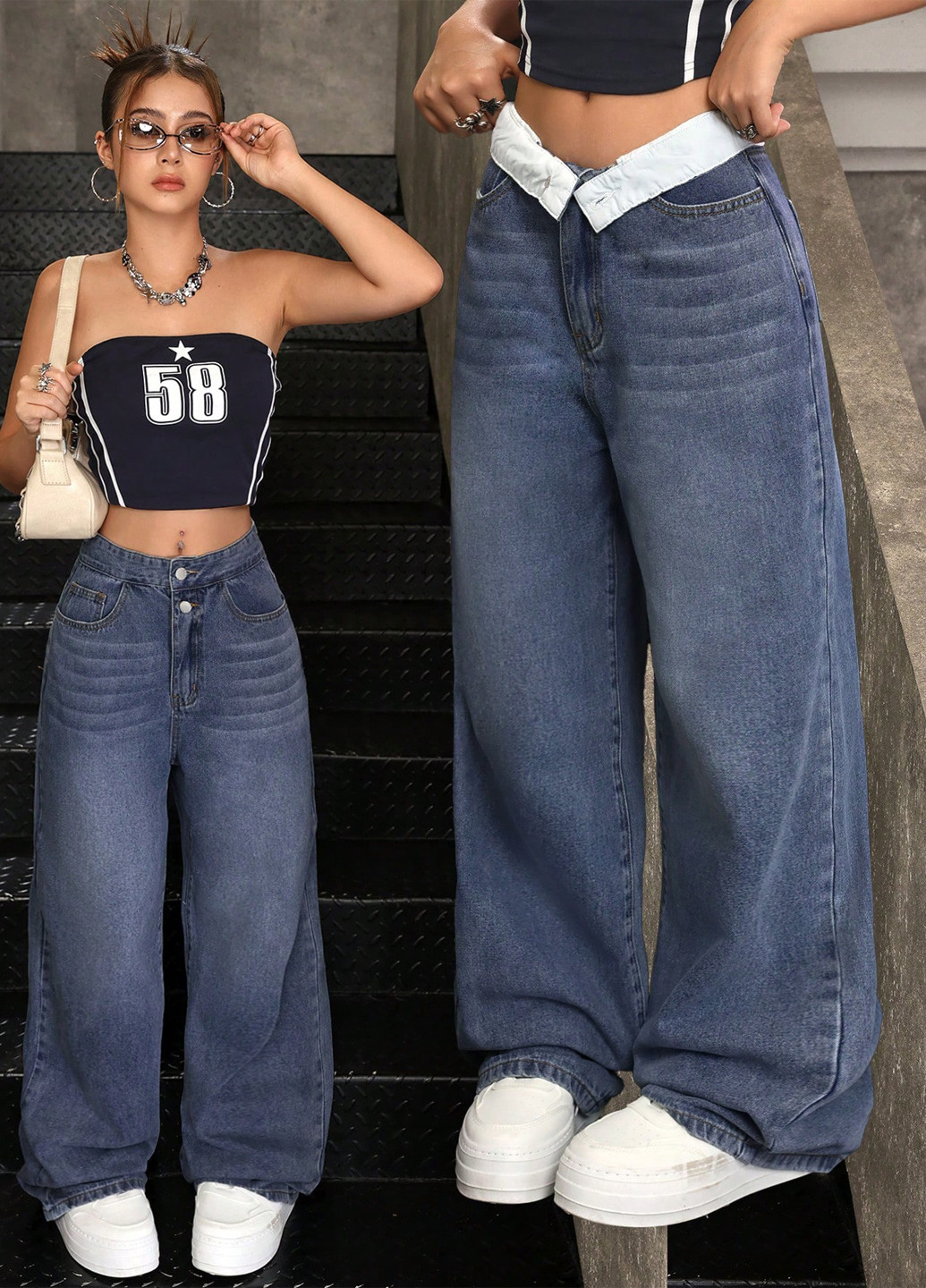 Синие демисезонные клеш джинсы SHEIN