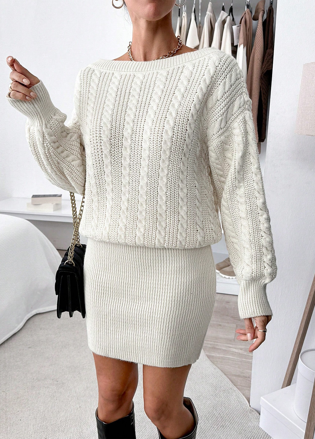 Кремовое кэжуал платье платье-свитер SHEIN однотонное
