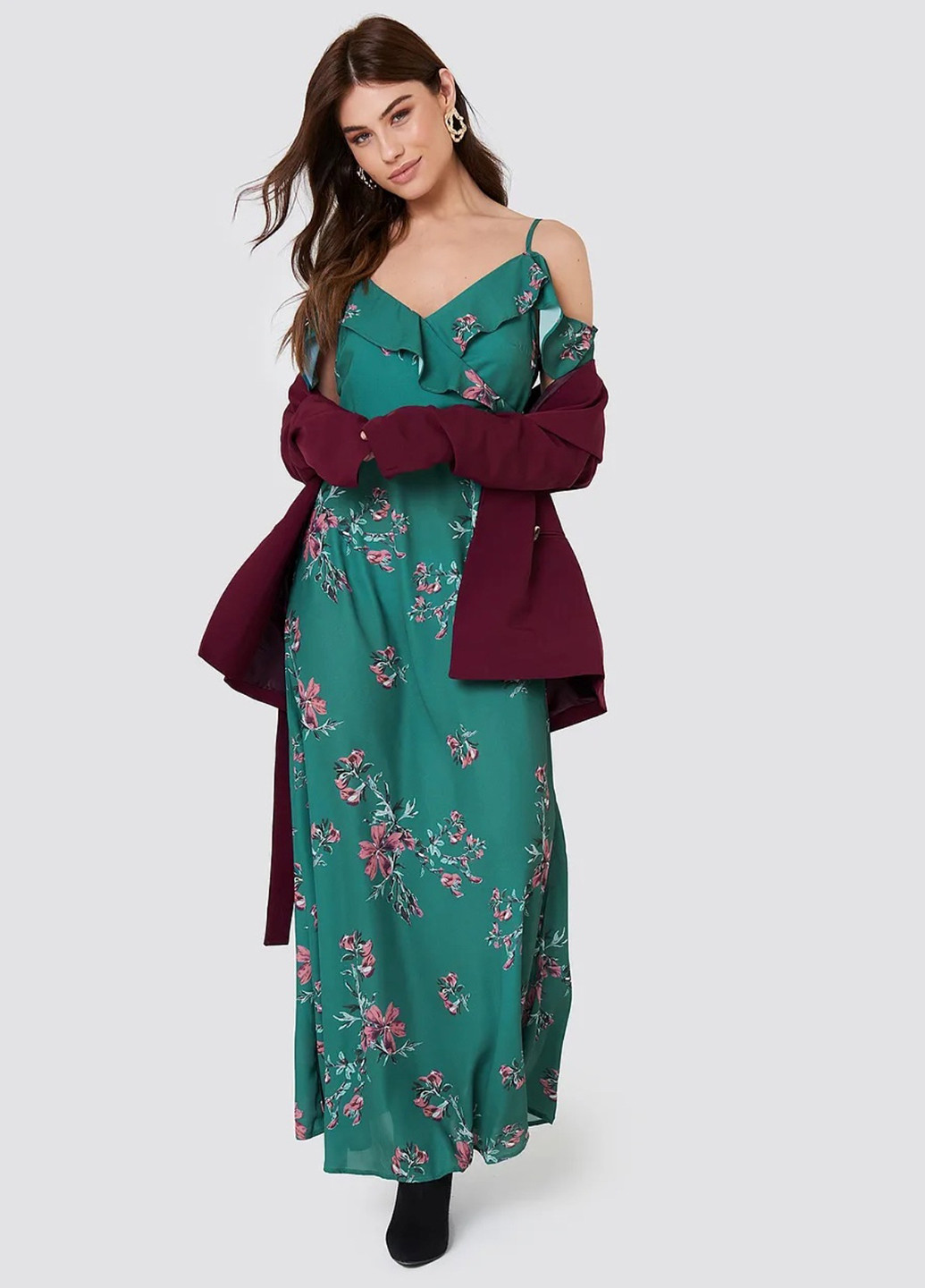 Зеленое кэжуал платье на запах, клеш Rut & Circle с цветочным принтом
