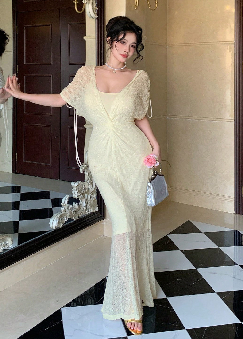 Бежевий літній комплект (сукня, накидка) SHEIN