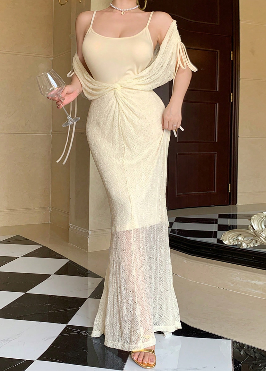 Бежевий літній комплект (сукня, накидка) SHEIN