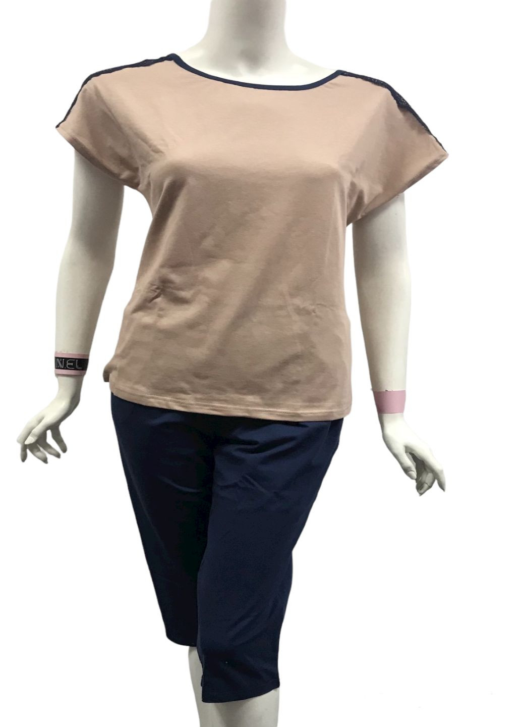 Бежевый женский комплект футболка + бриджи с кружевом N.EL.