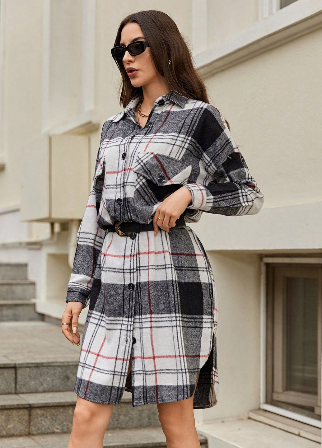 Комбинированное кэжуал платье рубашка SHEIN в клетку