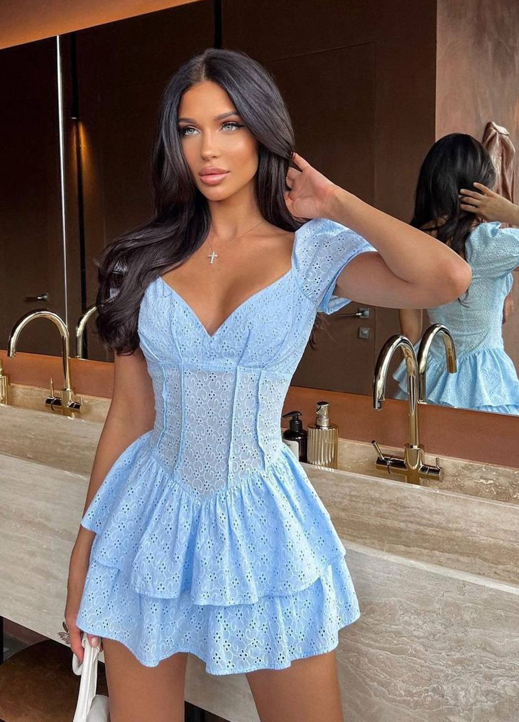 Голубое кэжуал платье-комбинезон клеш No Brand однотонное