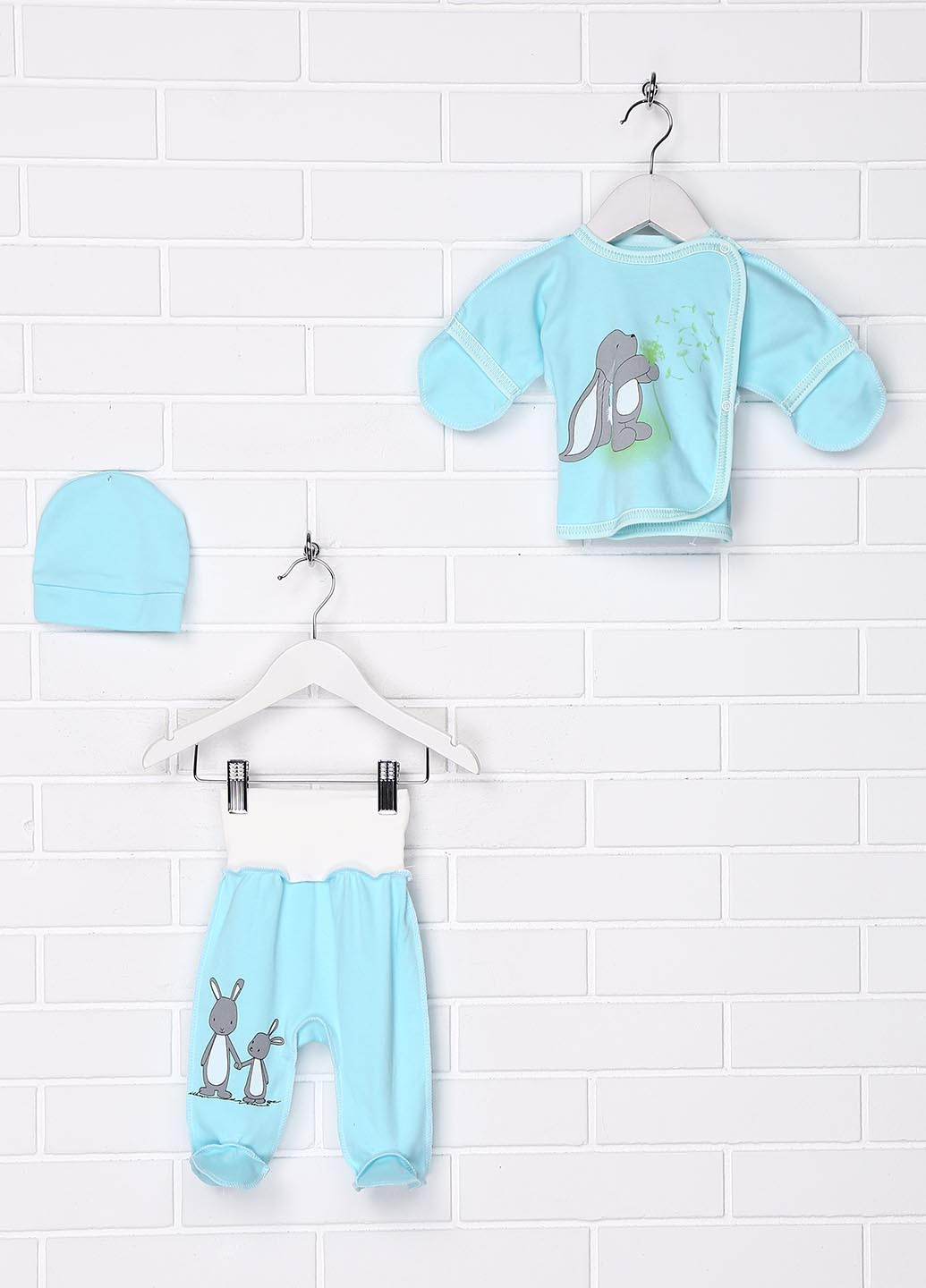 Бірюзовий демісезонний комплект (распашонка, ползунки, шапка) Baby Art