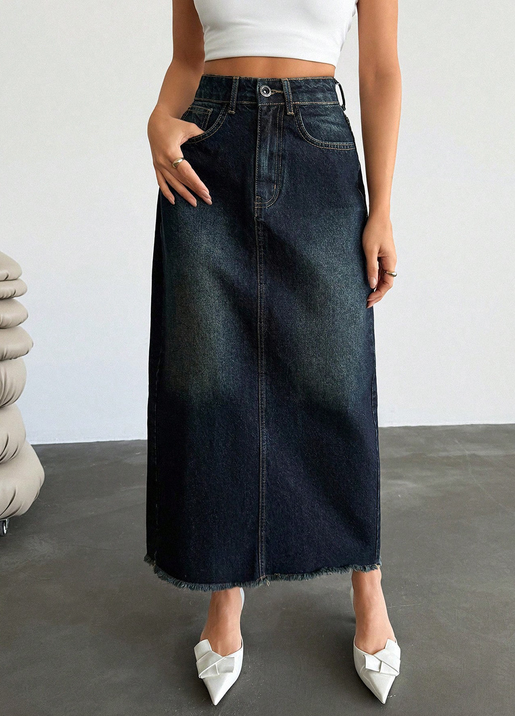 Темно-синяя джинсовая меланж юбка SHEIN