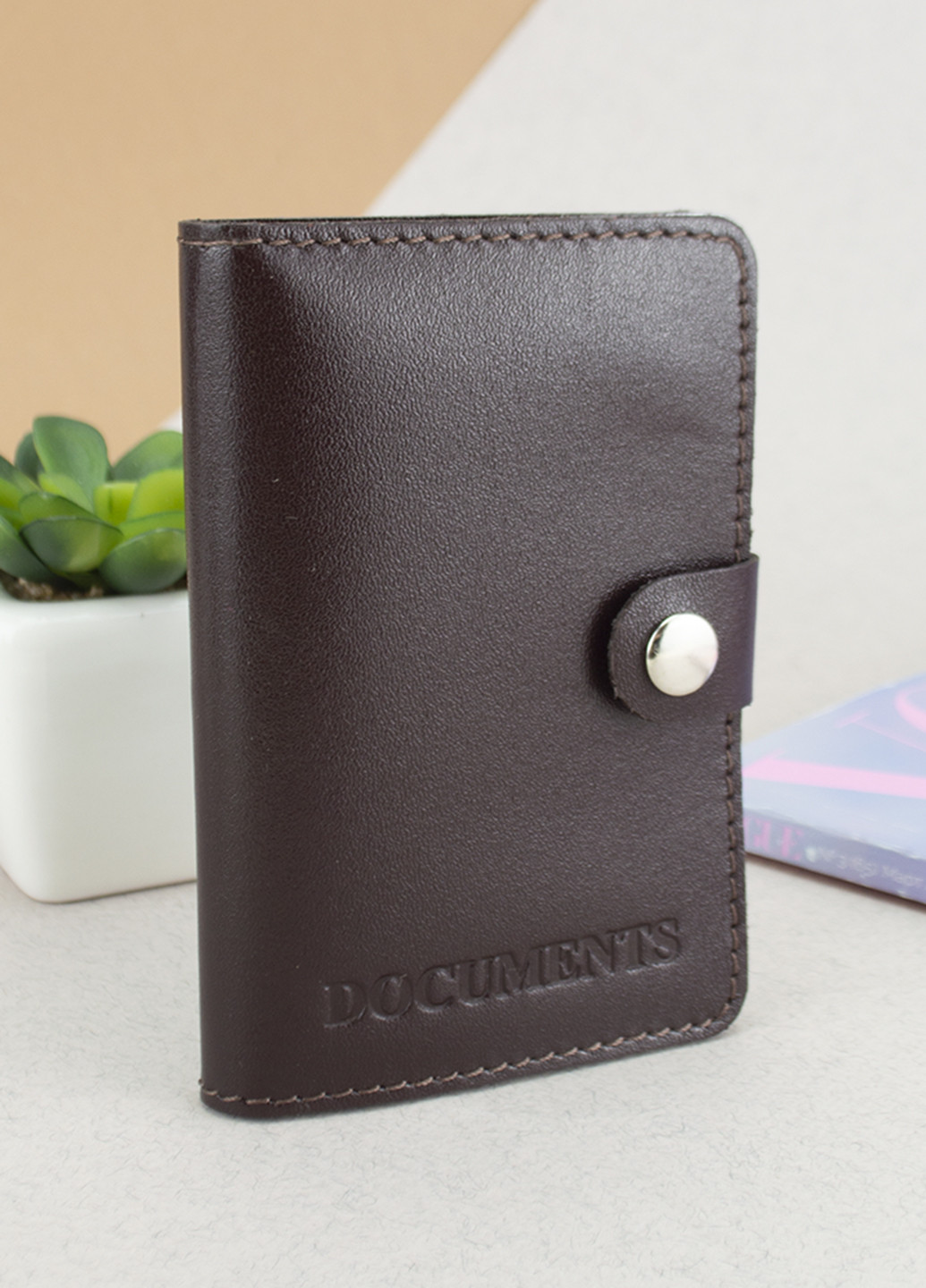 Обложка на документы кожаная на кнопке HC0035 коричневая матовая HandyCover (250603773)