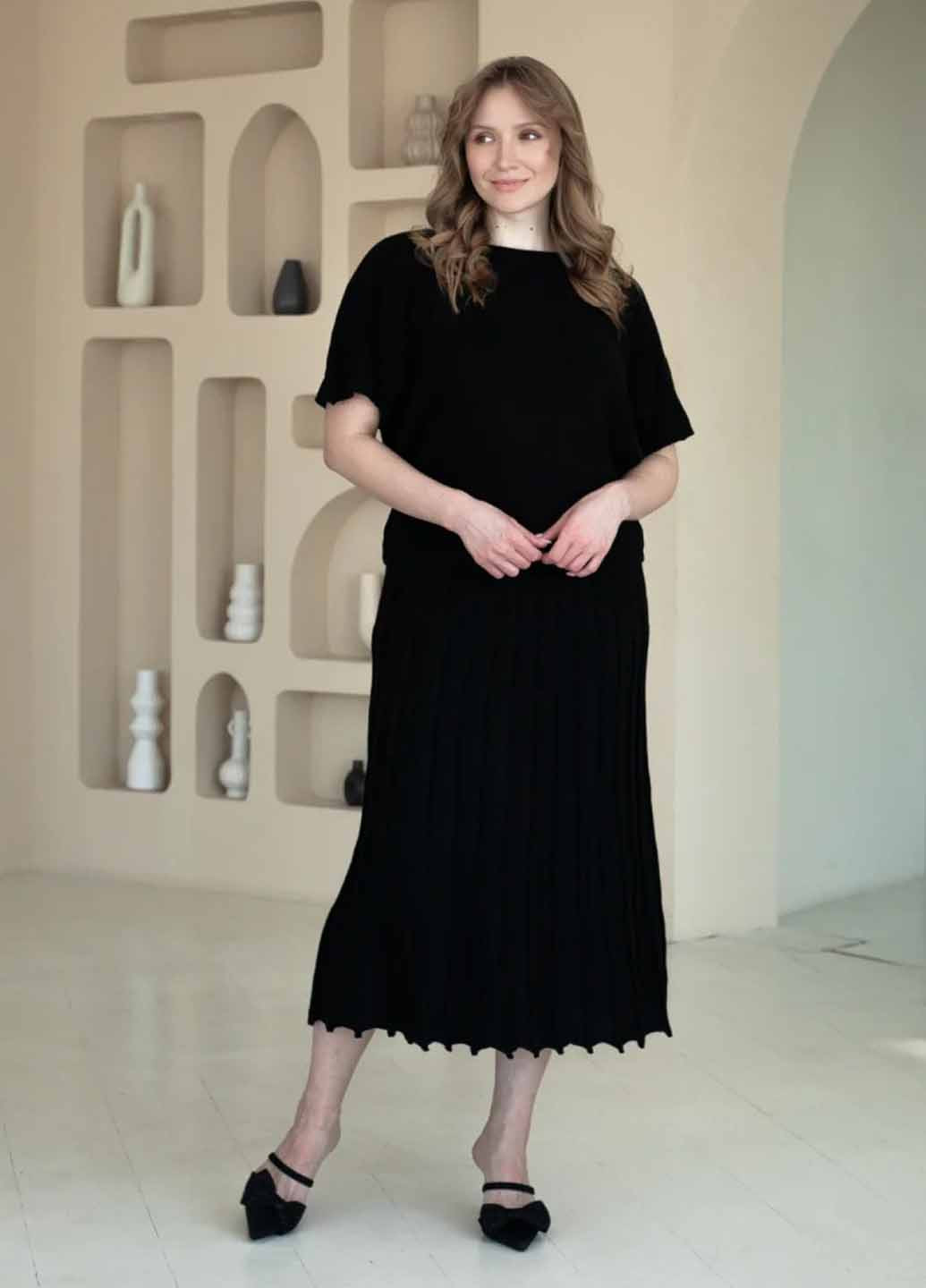 Черная кэжуал однотонная юбка Fashion плиссе