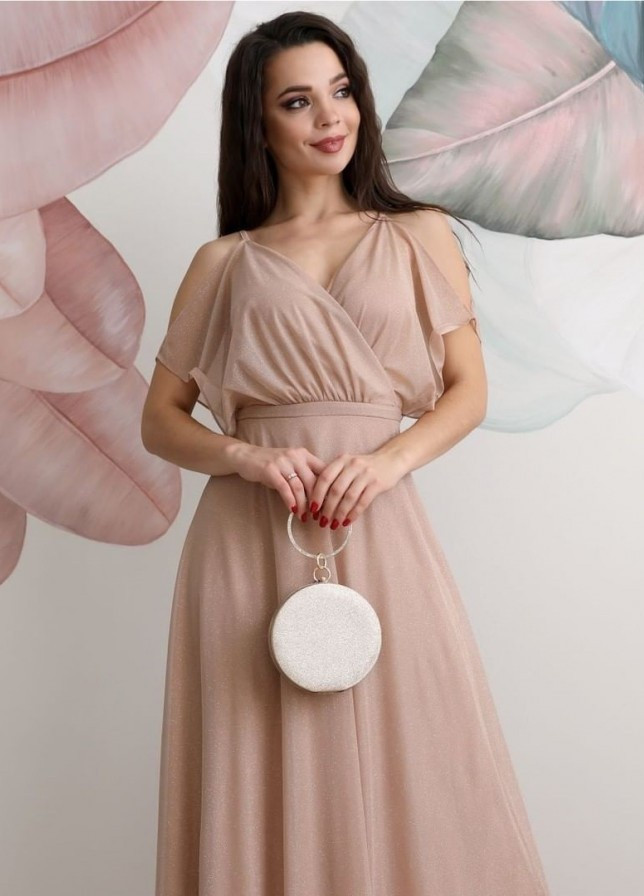 Бежевое вечернее платье а-силуэт, с юбкой-солнце Militon однотонное