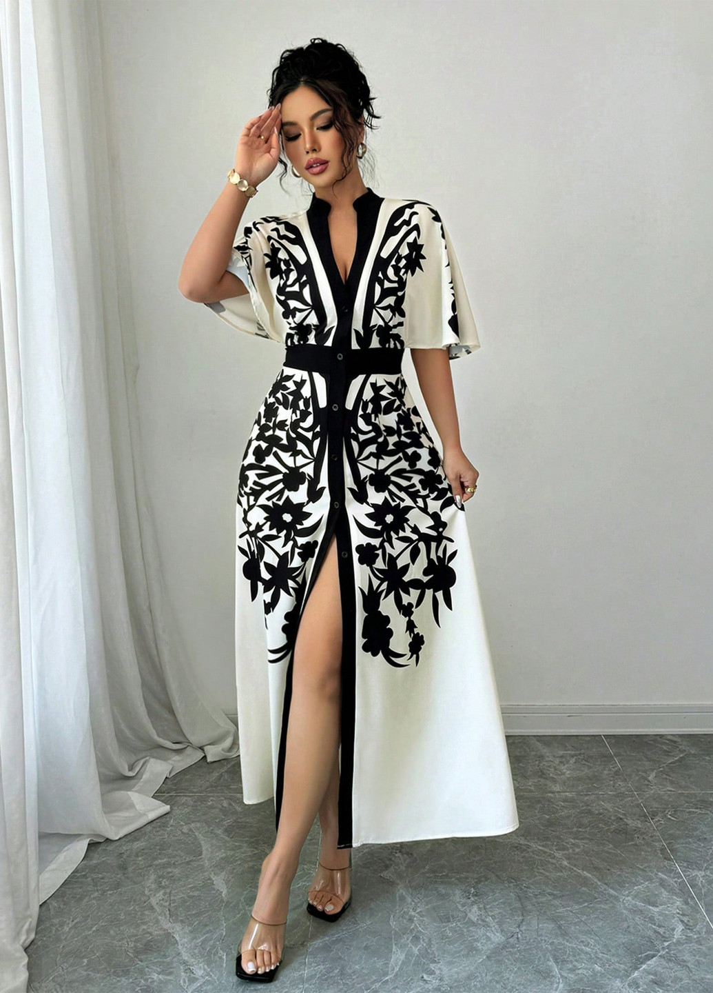 Чорно-білий святковий, вечірня сукня а-силует SHEIN з квітковим принтом