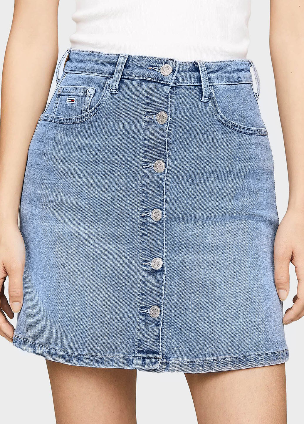 Синяя кэжуал, джинсовая однотонная юбка Tommy Jeans а-силуэта (трапеция)