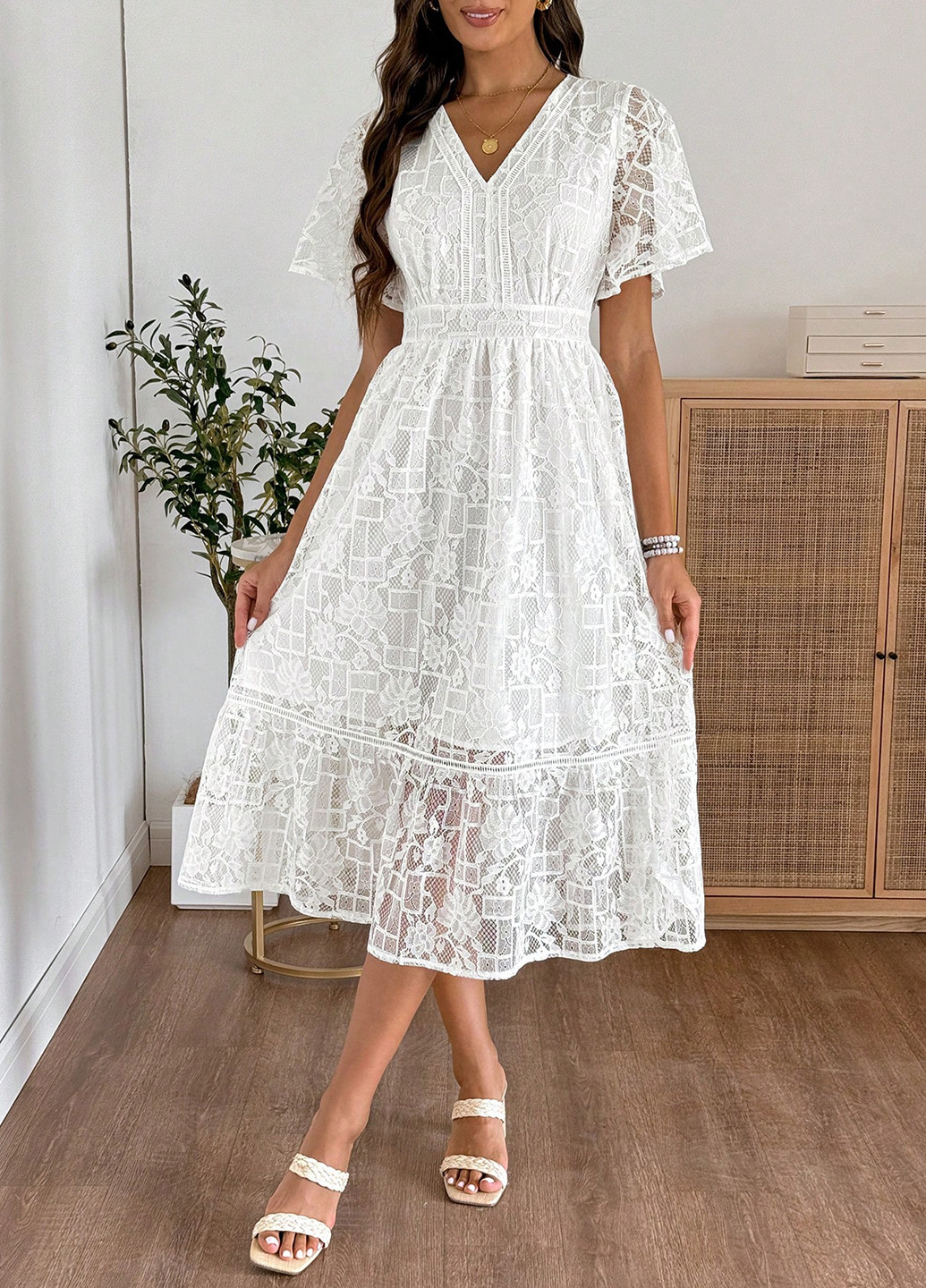 Белое кэжуал платье а-силуэт SHEIN однотонное