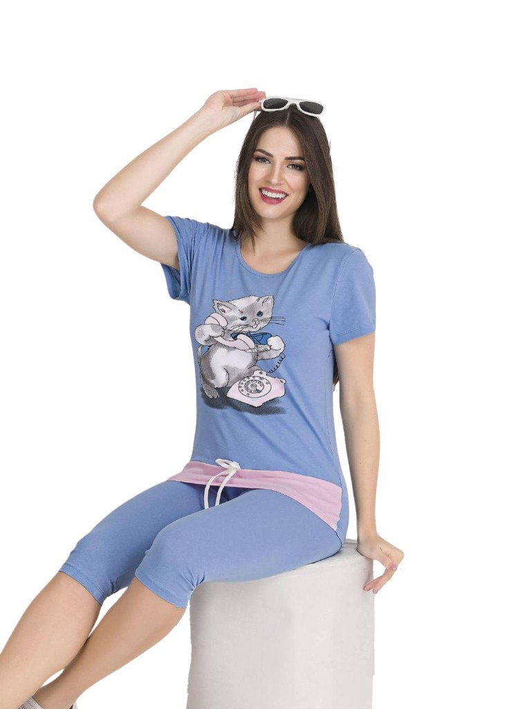 Голубая всесезон пижама домашний костюм футболка + бриджи Teknur