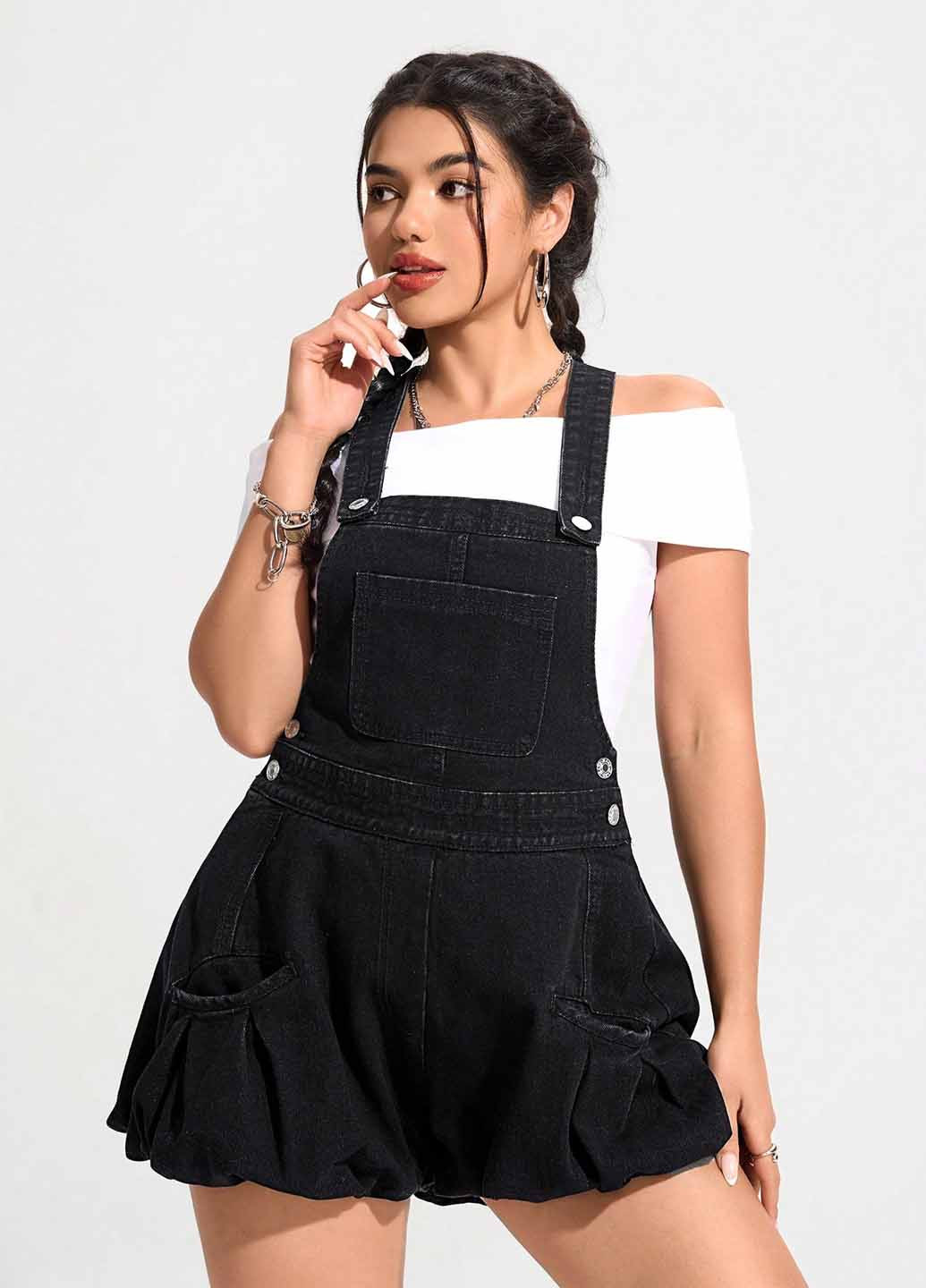 Комбинезон SHEIN комбинезон-шорты однотонный чёрный денил, кэжуал хлопок, джинс