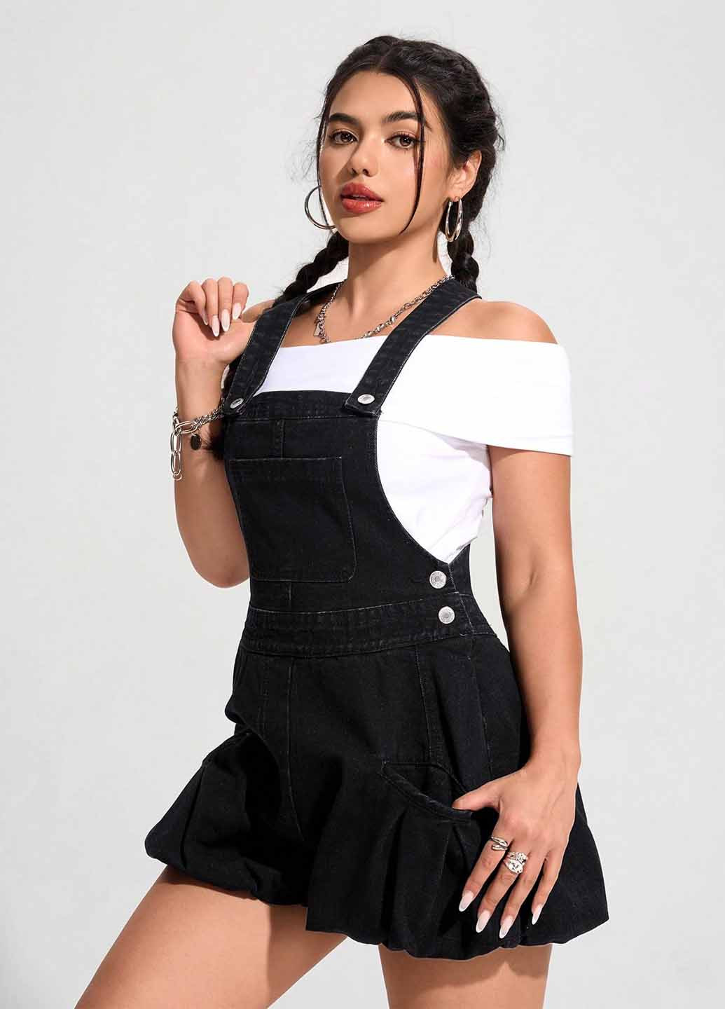 Комбинезон SHEIN комбинезон-шорты однотонный чёрный денил, кэжуал хлопок, джинс